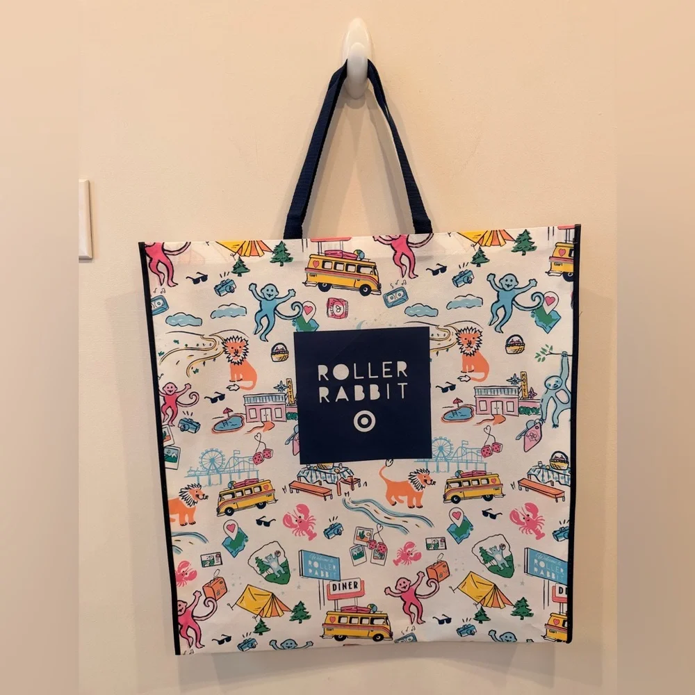 Roller Rabbit Illustrated Canvas Tote – Navy, Pink, Orange, Teal